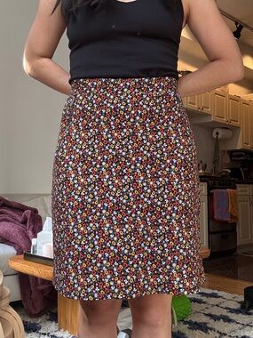 Le Lis Black Floral A-Line Skirt with Red, Yellow & White Accents